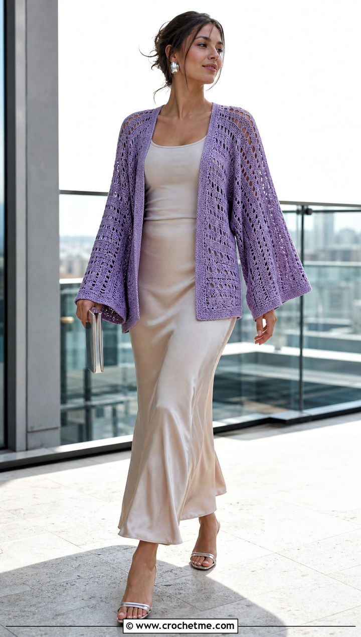 Kimono Sleeve Crochet Cardigan With Slip Skirt - 25 elegant crochet cardigan outfit ideas