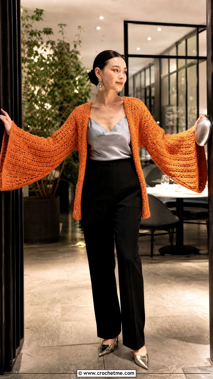 Kimono Sleeve Crochet Cardigan With Slip Top And Trousers - 35 chunky crochet cardigan outfit ideas