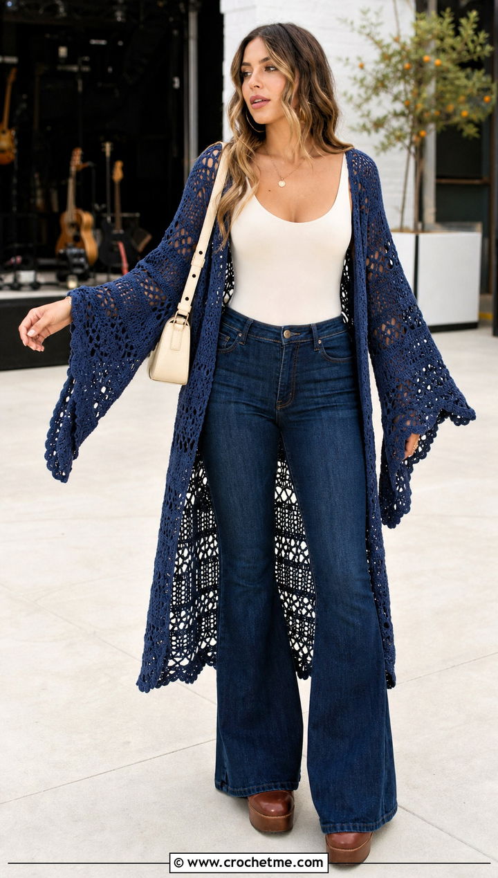 Kimono Sleeve Crochet Duster With Flared Jeans - 25 long crochet sweater outfit ideas