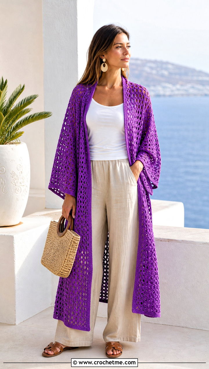 Kimono Sleeve Crochet Longline Cardigan With Linen Pants - 20 Crochet Longline Cardigan outfit ideas