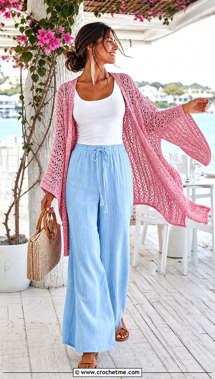 Kimono Sleeve Crochet Shawl And Wide Leg Linen Pants - 35 crochet shawl with sleeves outfit ideas