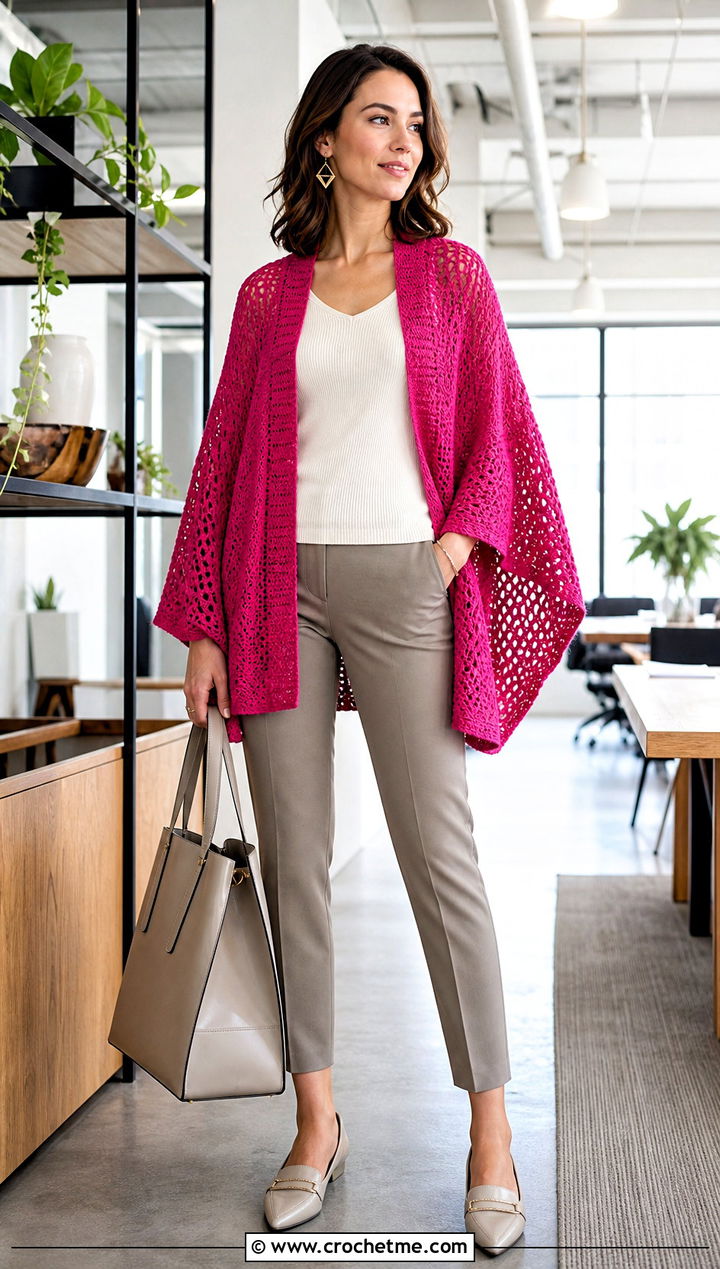 Kimono Sleeve Crochet Shawl Sweater With Slim Trousers - 25 crochet shawl sweater outfit ideas