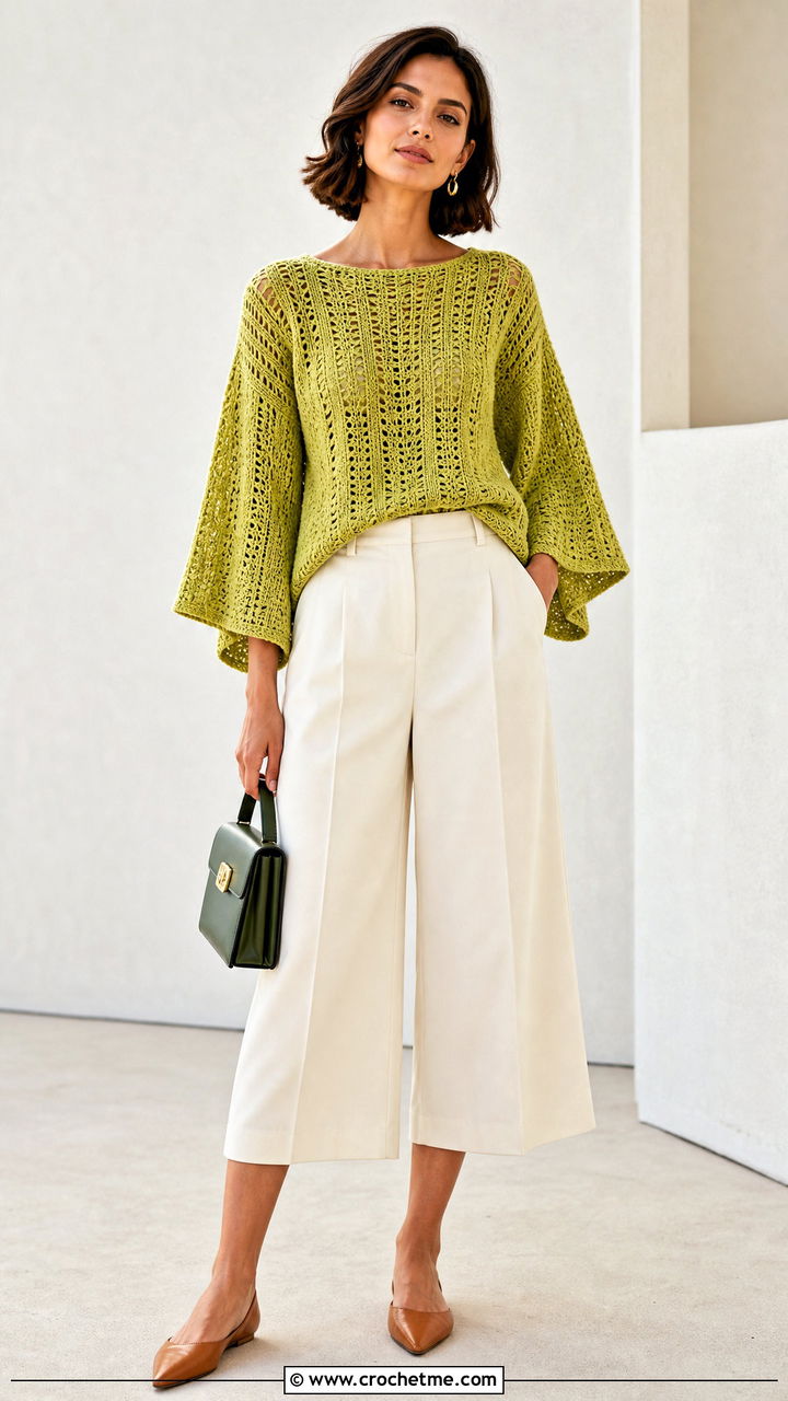 Kimono Sleeve Crochet Sweater With Culottes - 35 colorful crochet sweater outfit ideas