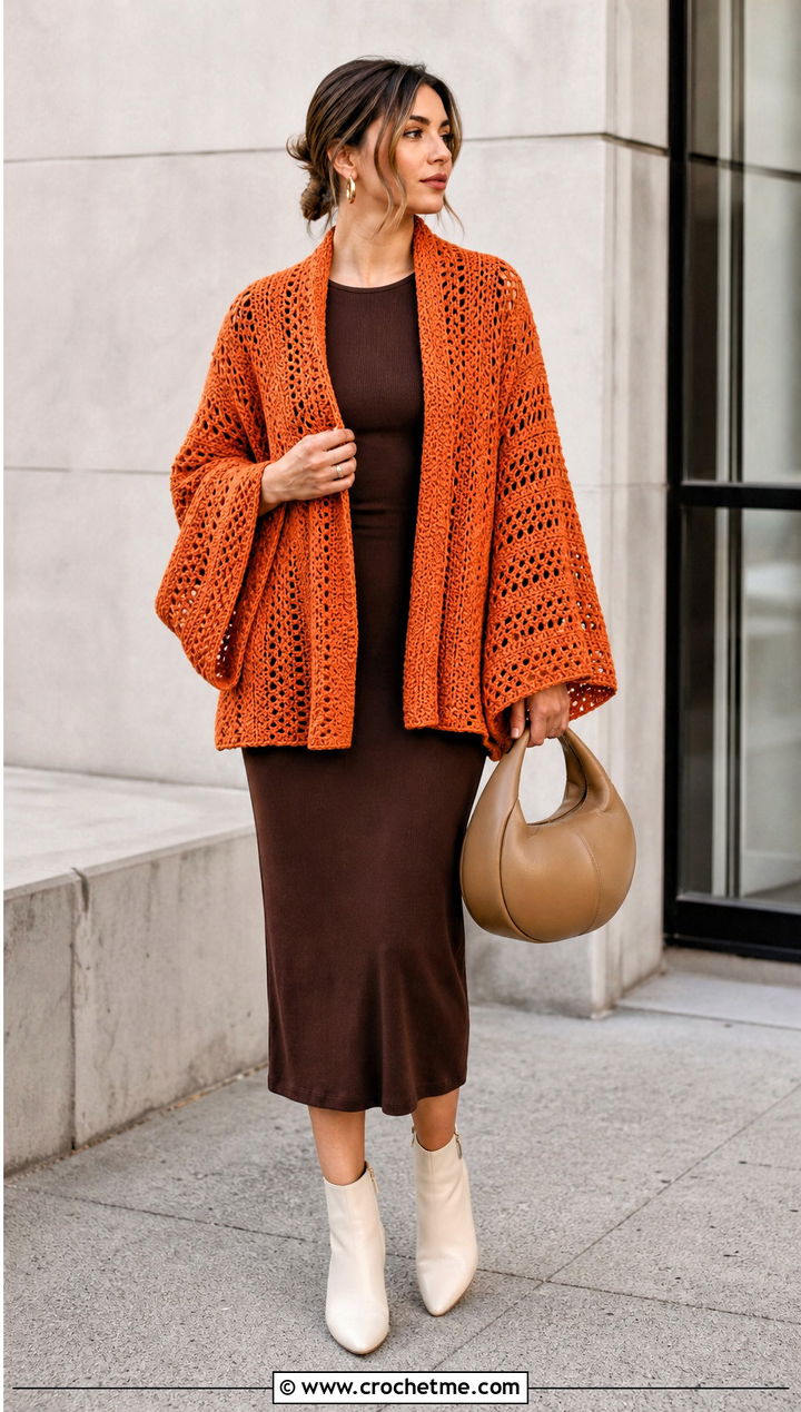 Kimono Sleeve Crochet Sweater Wrap With Column Dress - 30 crochet sweater wrap outfit ideas