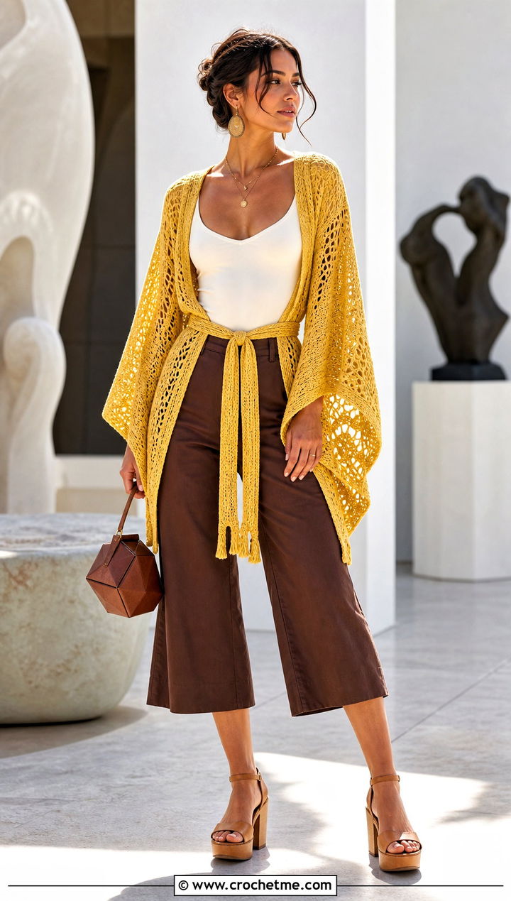 Kimono Sleeve Crochet Wrap Shrug With Culottes - 35 Crochet Wrap Shrug outfit ideas