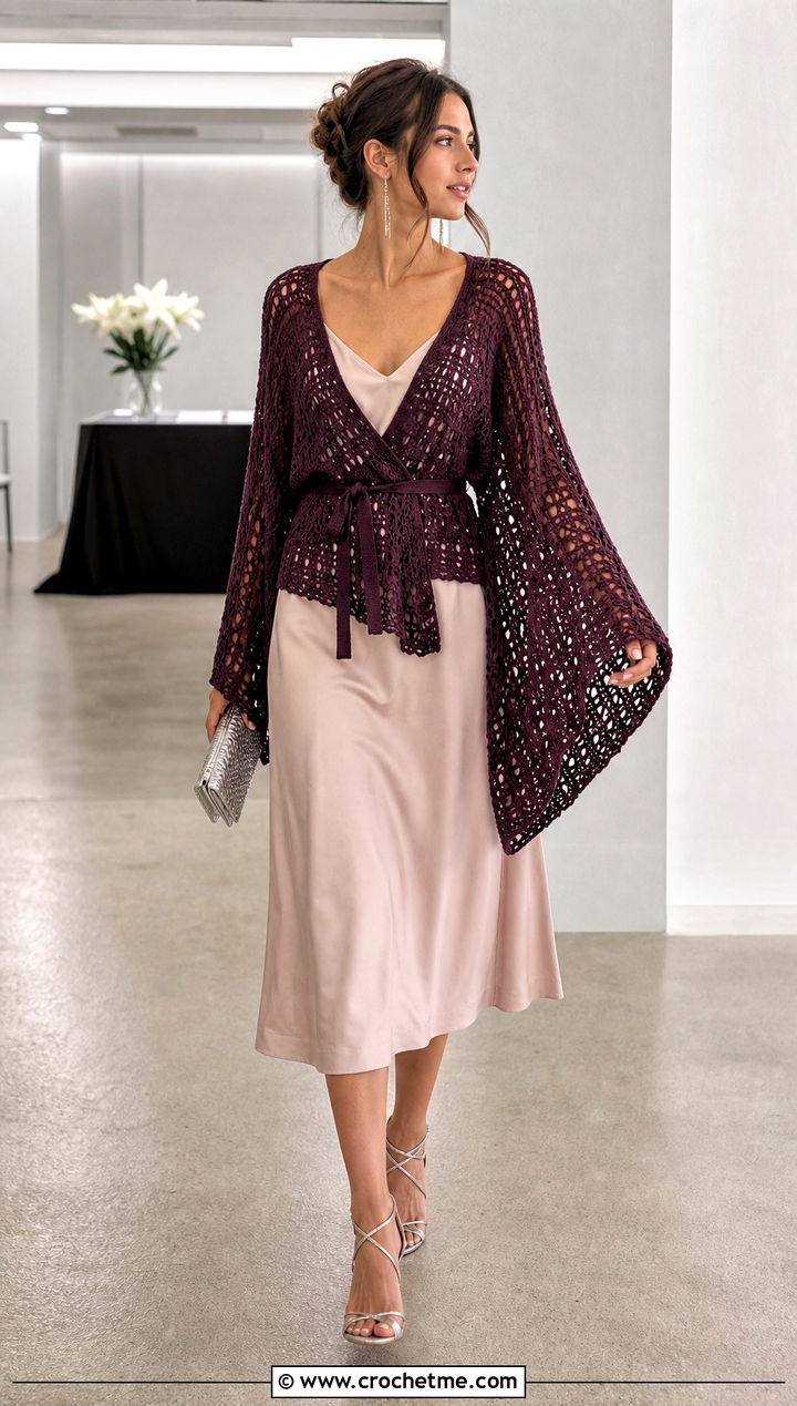Kimono Sleeve Crochet Wrap Sweater With Slip Dress - 35 crochet wrap sweater outfit ideas