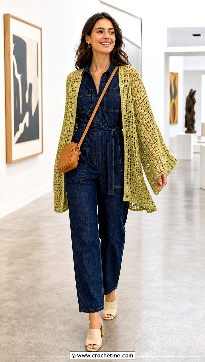 Kimono Sleeve Filet Crochet Cardigan With a Utility Jumpsuit - 25 filet crochet cardigan outfit ideas