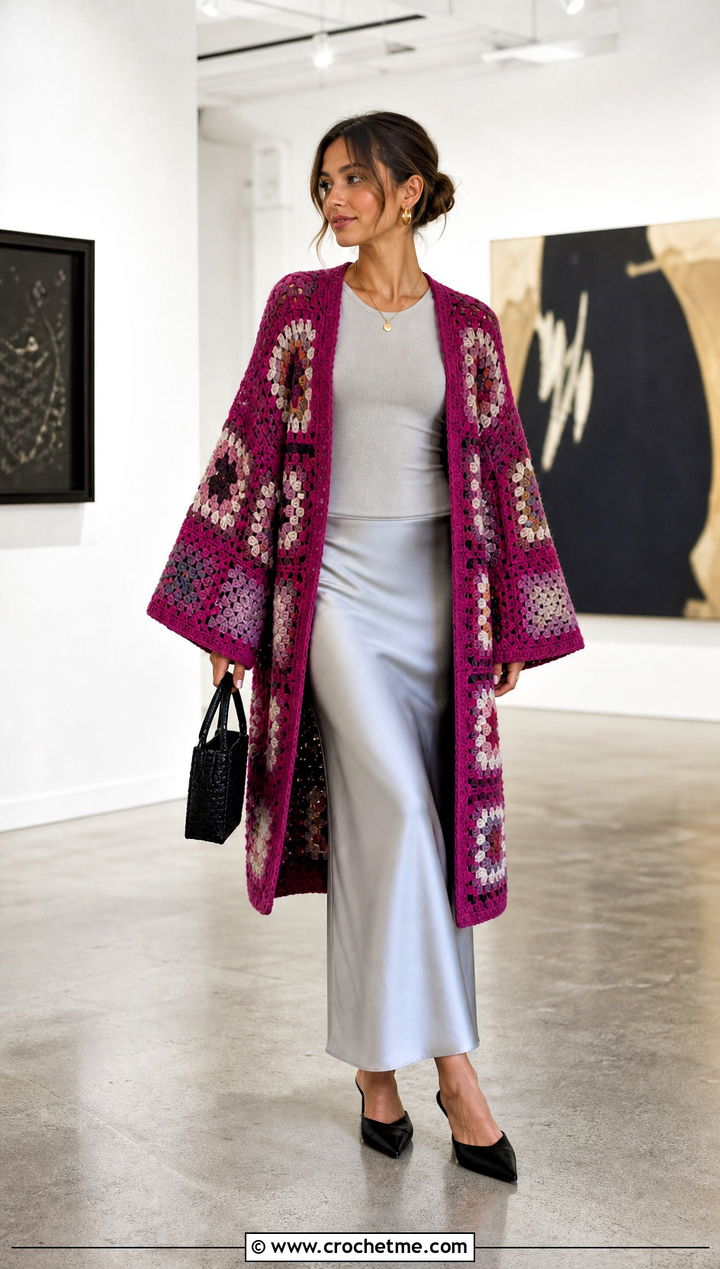 Kimono Sleeve Giant Granny Square Cardigan With Slip Skirt - 35 giant granny square cardigan outfit ideas