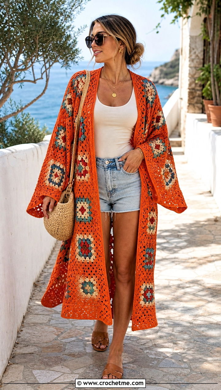 Kimono Sleeve Granny Square Robe With Denim Shorts - 20 granny square robe outfit ideas