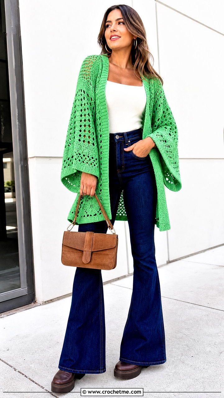 Kimono Sleeve Green Crochet Cardigan With Flared Jeans - 35 green crochet cardigan outfit ideas
