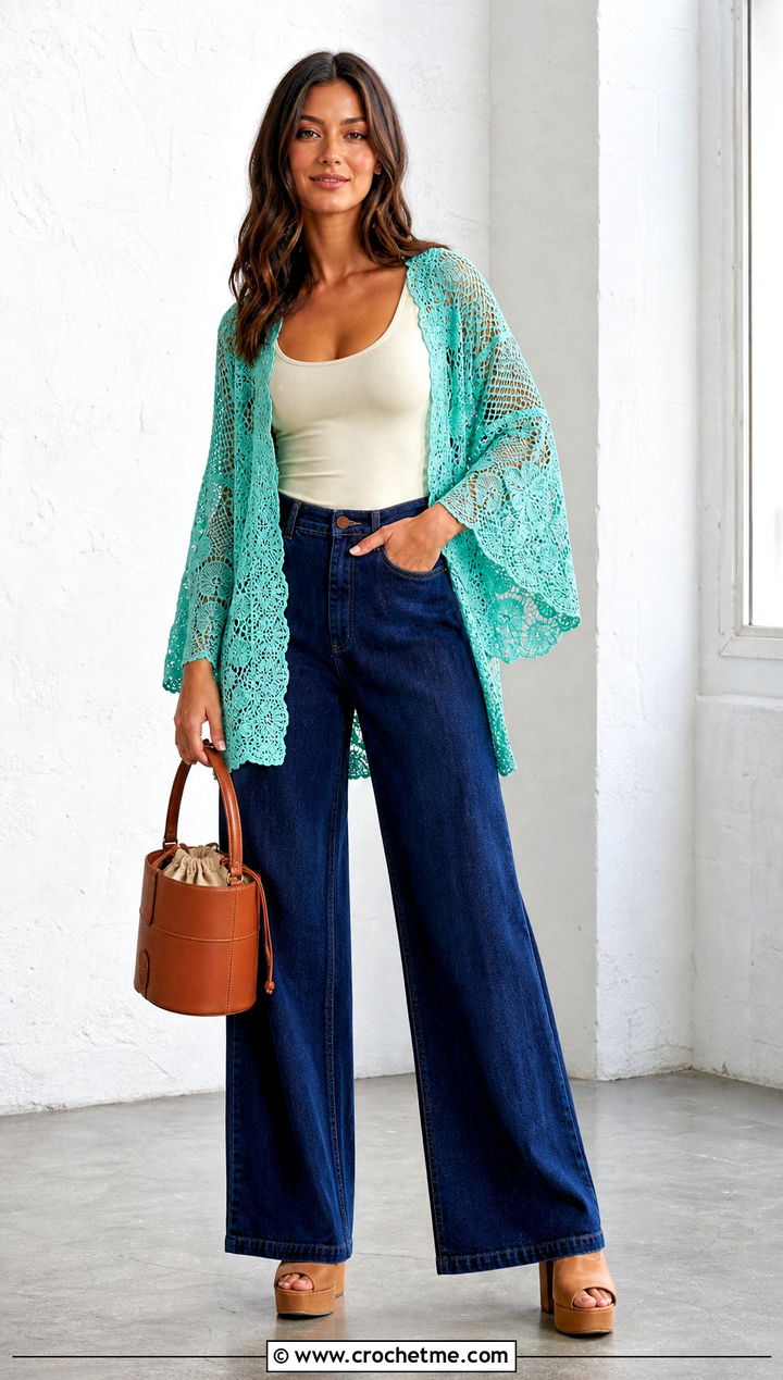 Kimono Sleeve Irish Lace Crochet Jacket With Wide Leg Jeans - 15 irish lace crochet jacket outfit ideas