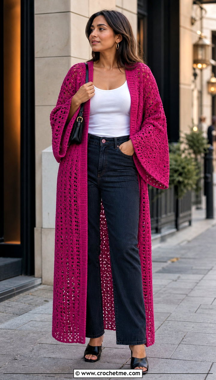 Kimono Sleeve Long Crochet Duster With Straight Jeans - 25 Long Crochet Duster outfit ideas