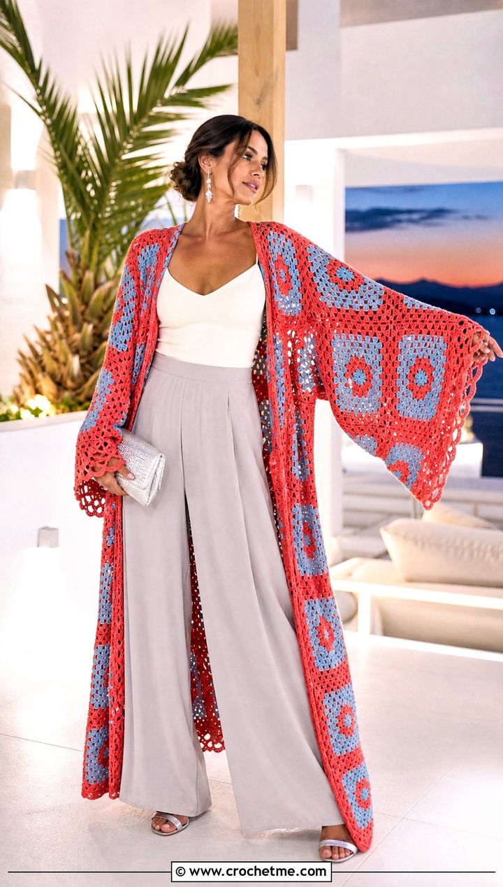 Kimono Sleeve Long Granny Square Cardigan With Palazzo Pants - 35 long granny square cardigan outfit ideas