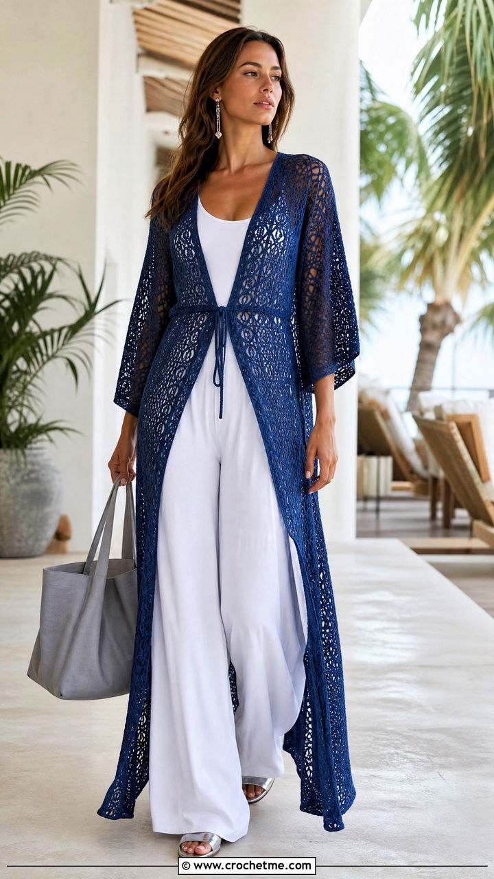 Kimono Sleeve Maxi Crochet Beach Dress With Wide Leg Pants - 35 crochet beach dress outfit ideas