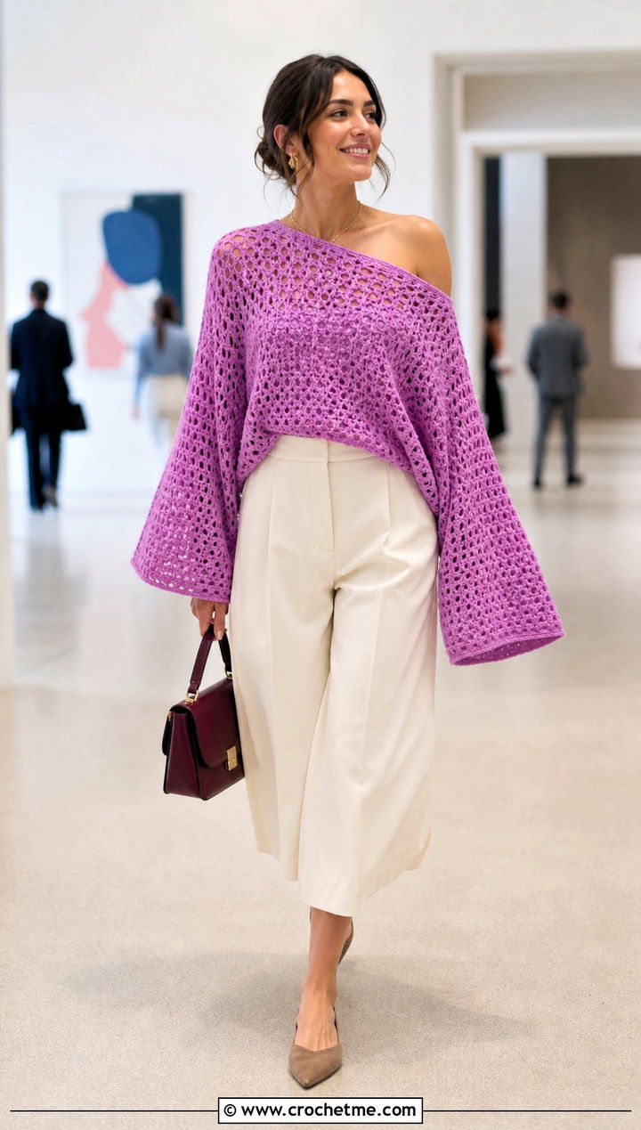 Kimono Sleeve Off The Shoulder Crochet Sweater With Culottes - 30 off the shoulder crochet sweater outfit ideas