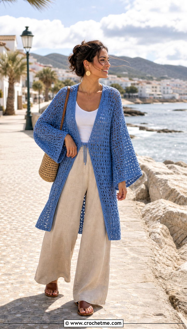 Kimono Sleeve One Piece Crochet Cardigan With Linen Pants - 35 one piece crochet cardigan outfit ideas