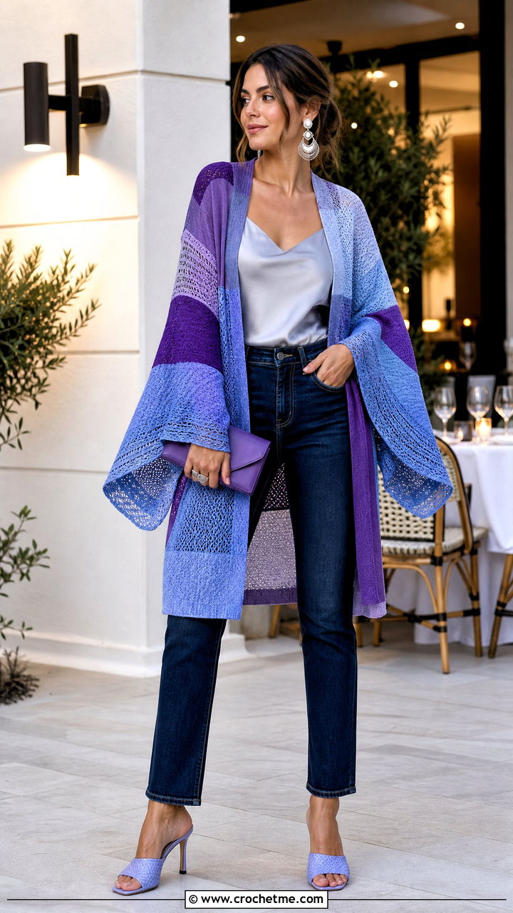 Kimono Sleeve Patchwork Cardigan With Silk Camisole And Jeans - 35 crochet patchwork cardigan outfit ideas