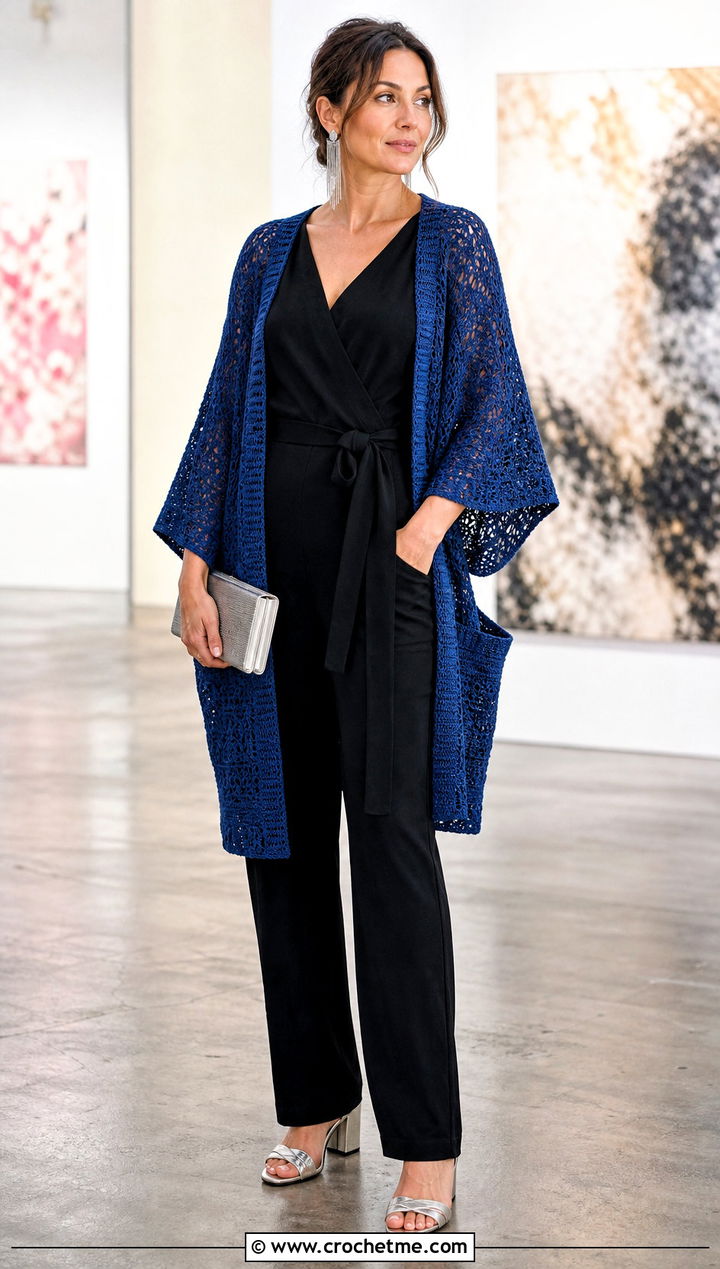 Kimono Sleeve Pocket Crochet Cardigan With Jumpsuit - 25 crochet sweater with pockets outfit ideas