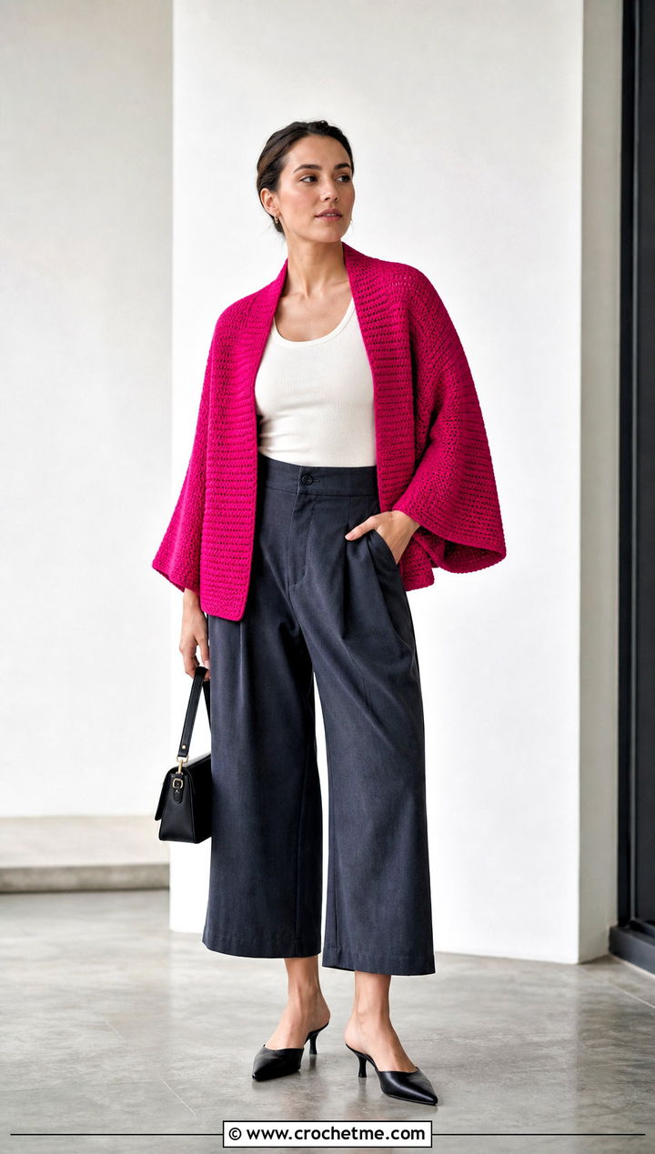 Kimono Sleeve Solid Hexagon Cardigan With Culottes - 30 crochet solid hexagon cardigan outfit ideas