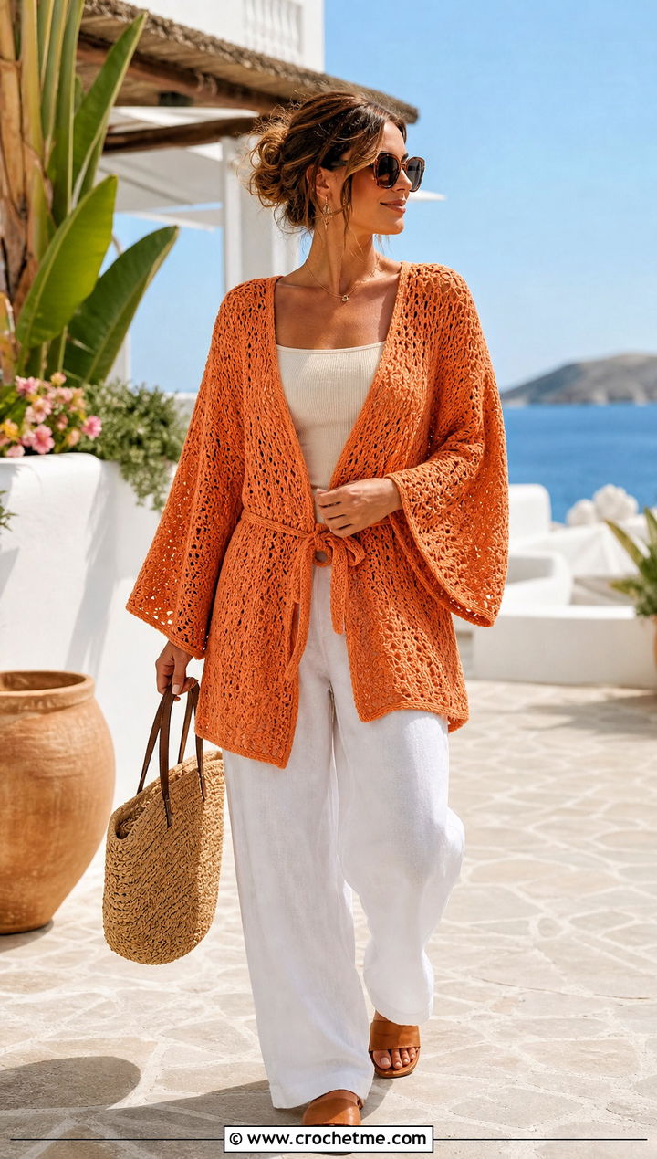 Kimono Sleeve Wrap Crochet Cardigan With Linen Pants - 30 wrap crochet cardigan outfit ideas