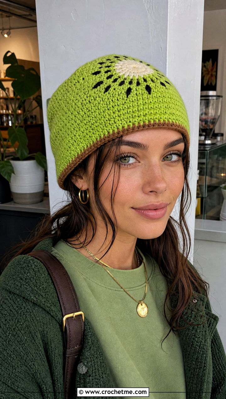Kiwi Crochet Beanie With Monochrome Green Outfit - 30 crochet fruit beanie outfit ideas