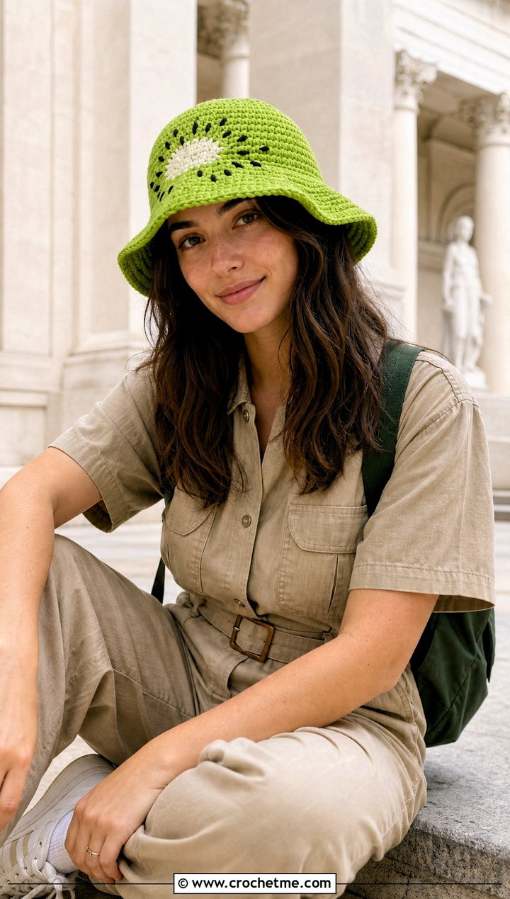 Kiwi Crochet Fruit Bucket Hat With Utility Jumpsuit - 25 crochet fruit bucket hat outfit ideas