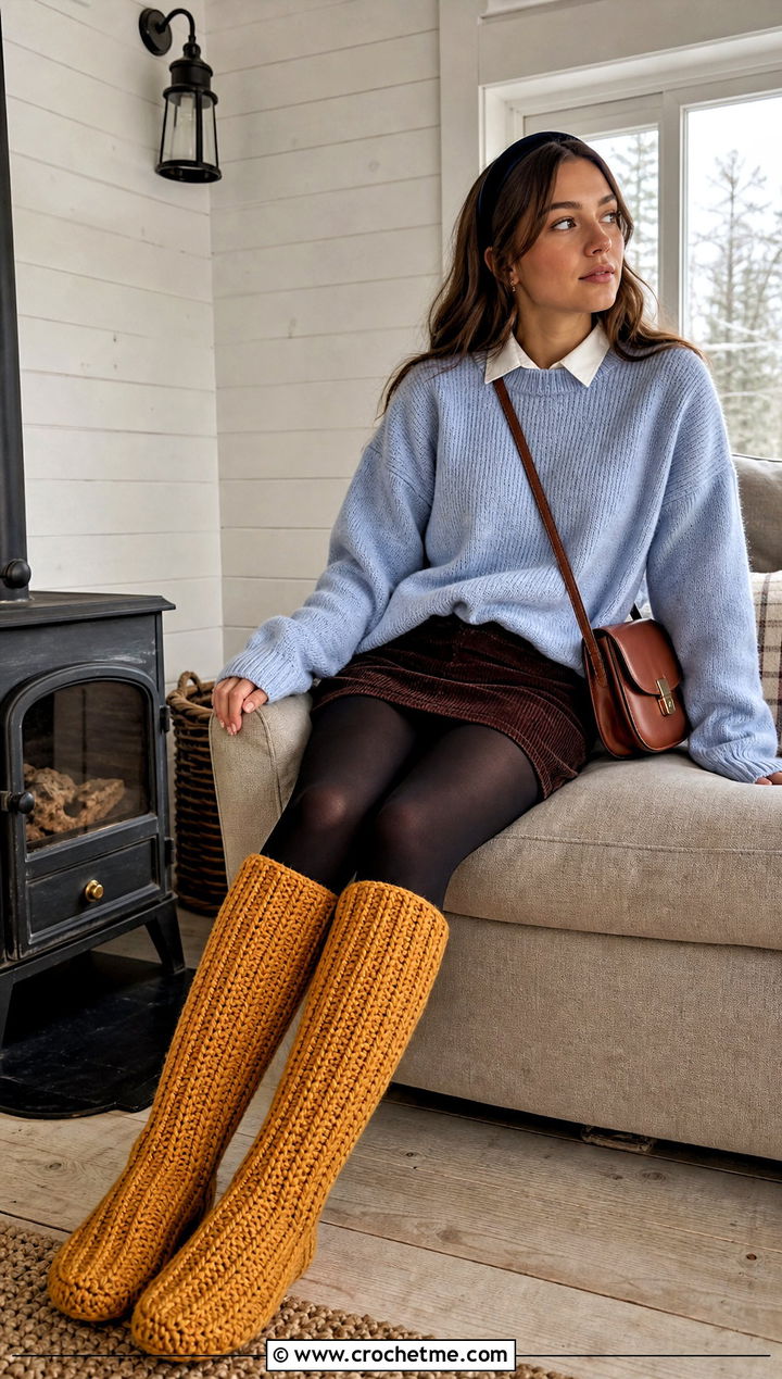 Knee High Chunky Crochet Slipper Socks With Mini Skirt - 15 chunky crochet slipper socks outfit ideas