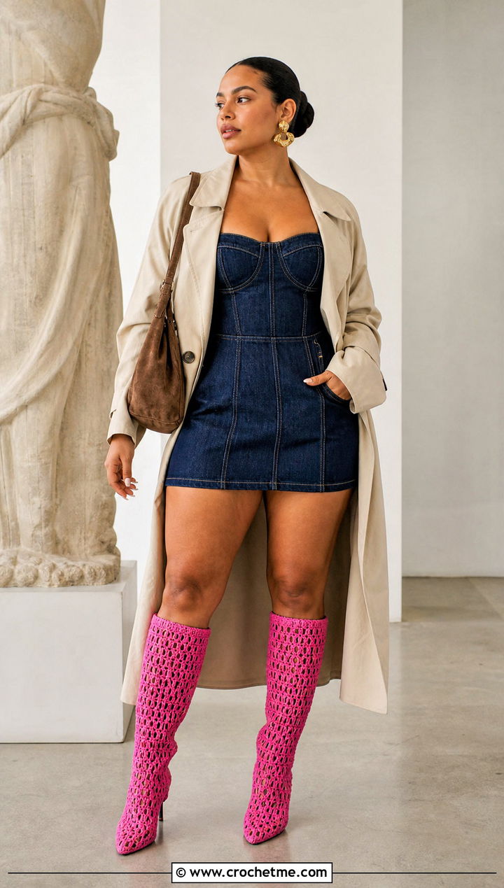 Knee High Crochet Boots With A Denim Mini Dress - 15 Colorful Crochet Boot outfit ideas