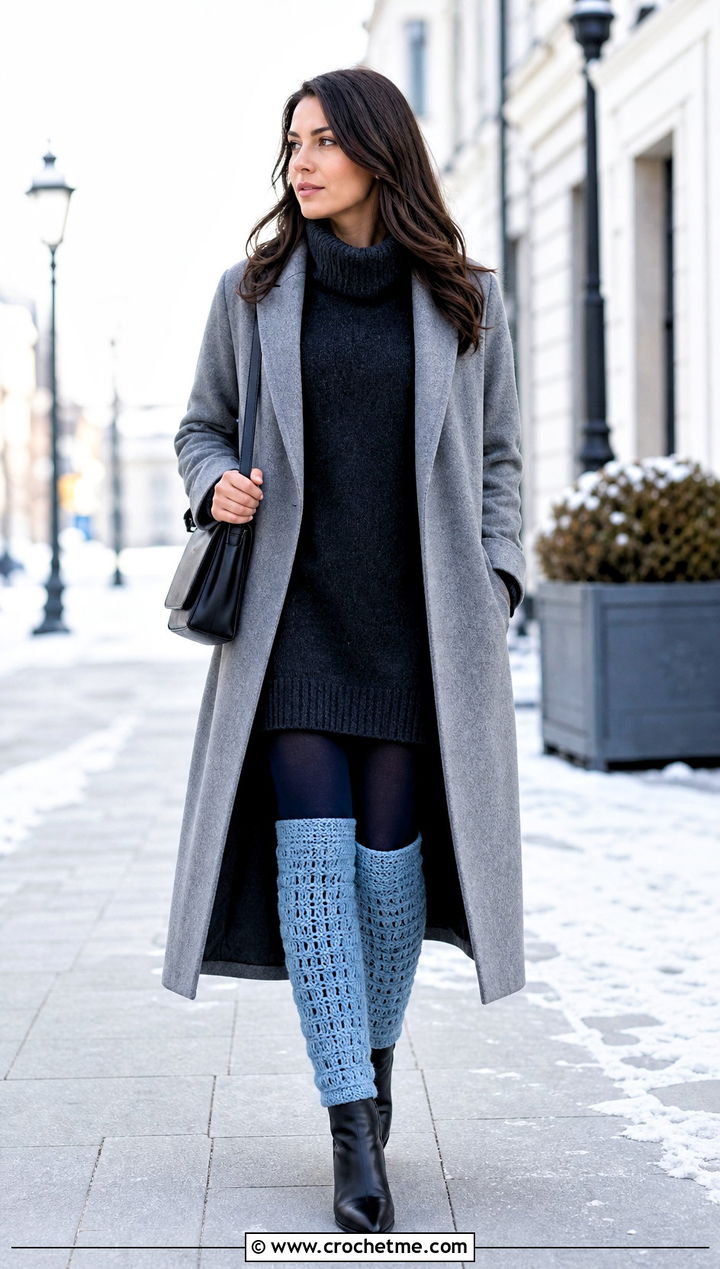 Knee High Crochet Leg Warmers With Sweater Dress - 25 diy crochet leg warmers outfit ideas