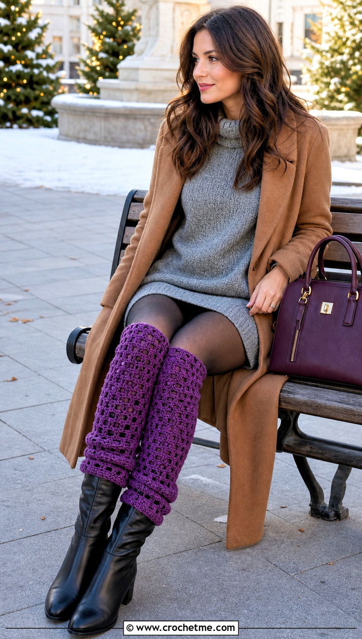 Knee High Crochet Leg Warmers With Sweater Dress And Tall Boots - 25 Crochet Legwarmer outfit ideas