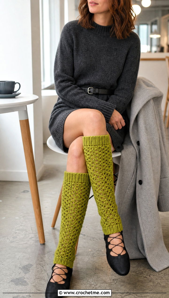 Knee High Crochet Leg Warmers With Sweater Dress - 30 cute crochet leg warmers outfit ideas