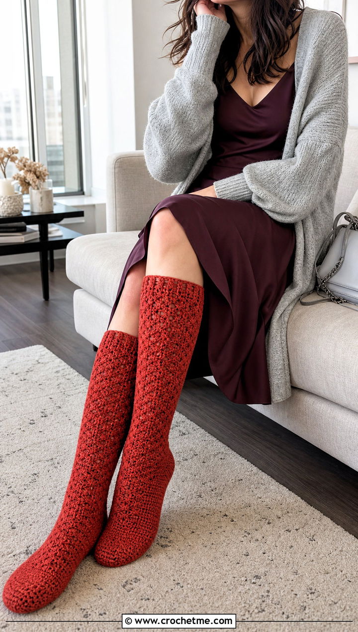 Knee High Crochet Slipper Socks With Slip Dress - 25 Crochet Slipper Socks outfit ideas