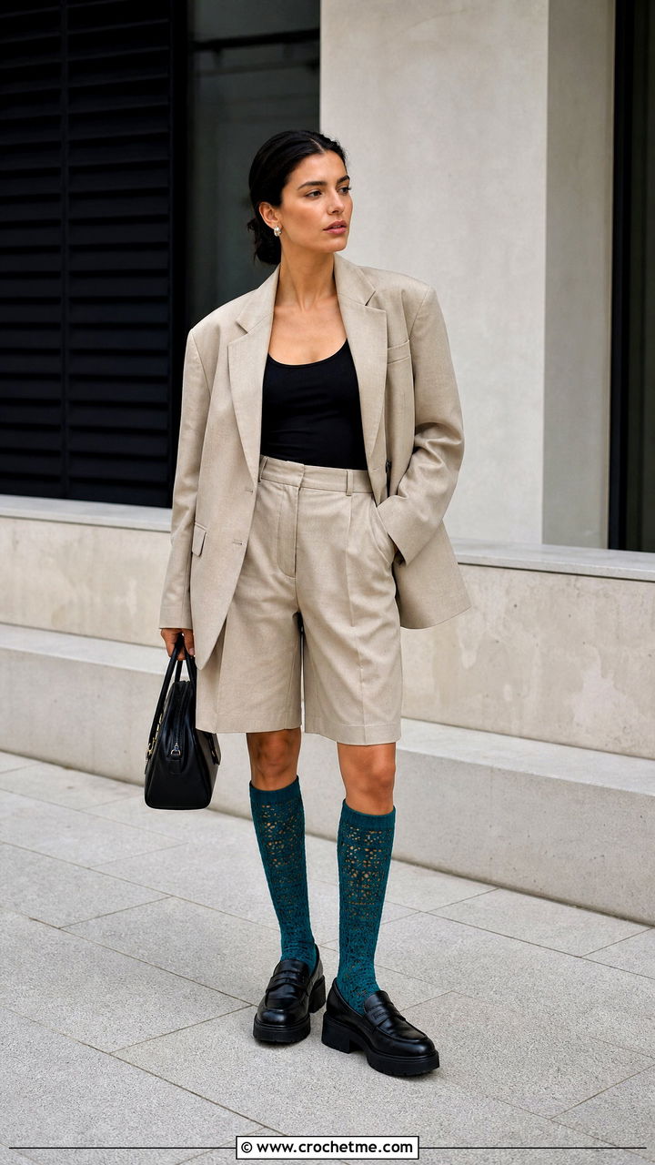 Knee High Crochet Socks With Blazer And Shorts - 35 easy crochet socks outfit ideas