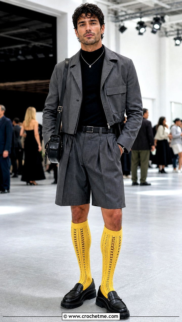Knee High Crochet Socks With Pleated Shorts - 35 crochet socks for men outfit ideas
