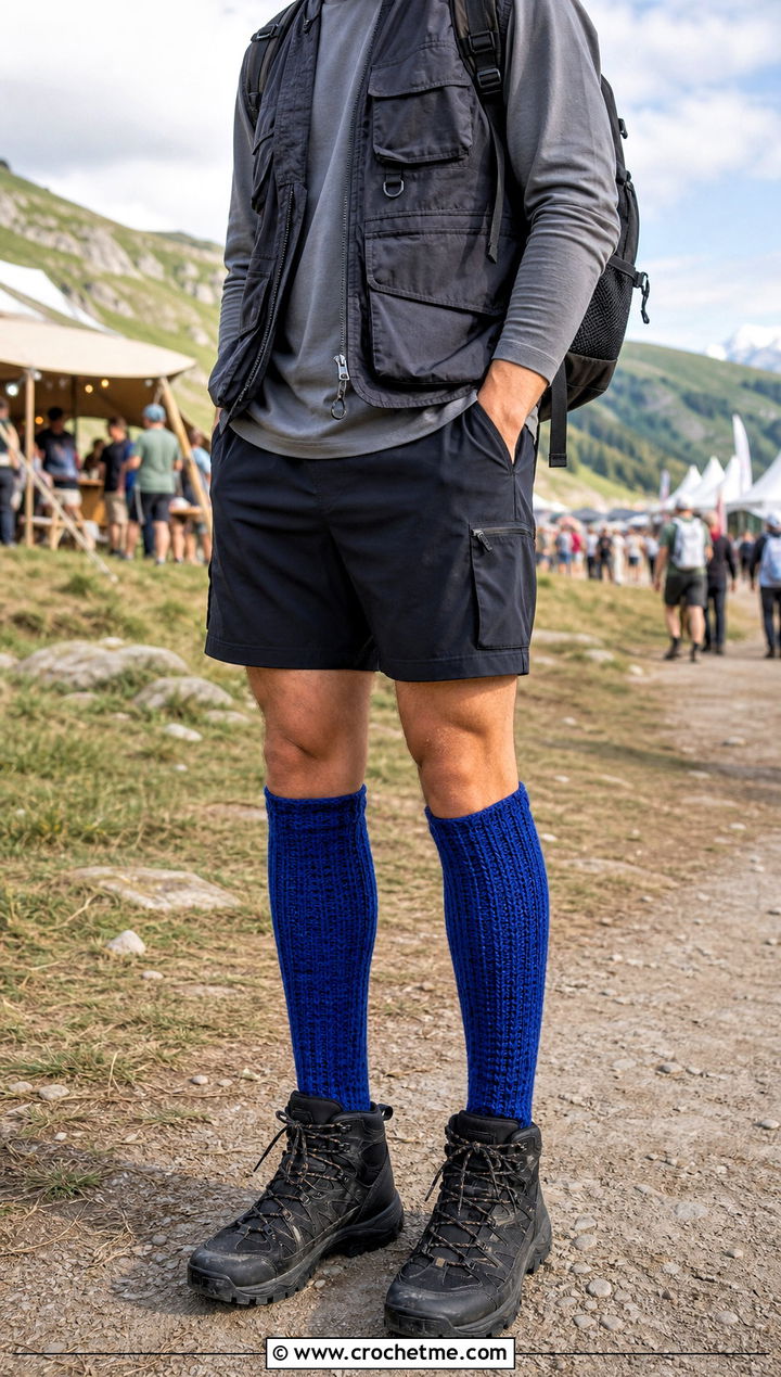 Knee High Crochet Socks With Shorts And Hiking Boots - 25 men's crochet socks outfit ideas