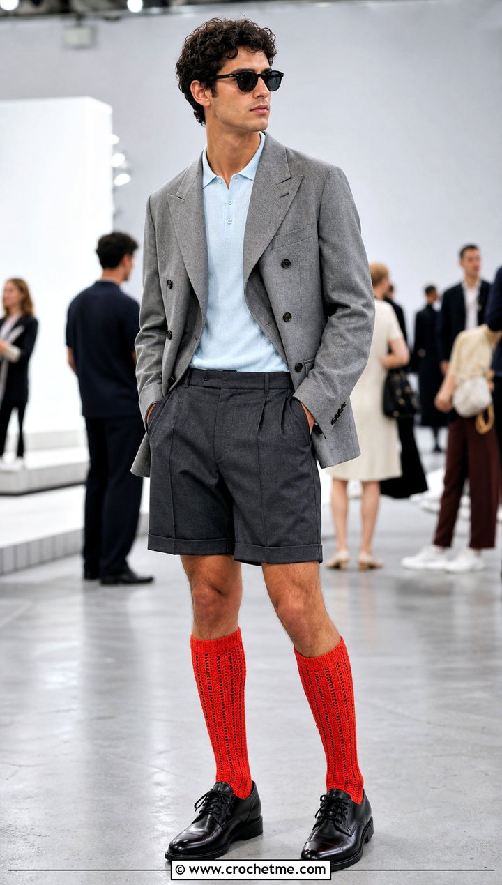 Knee High Crochet Socks With Tailored Shorts - 25 Mens Crochet Socks outfit ideas