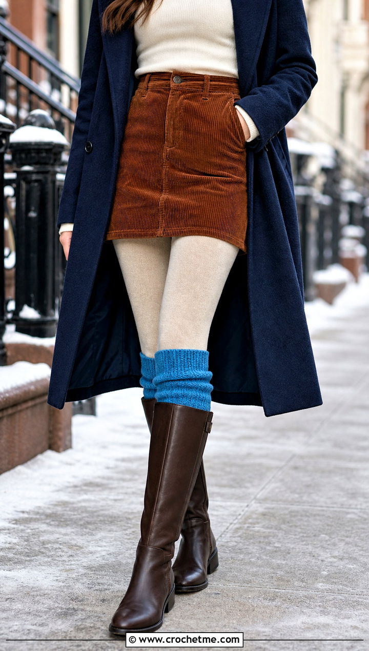 Knee High Crochet Wool Socks With Mini Dress - 30 Crochet Wool Socks outfit ideas