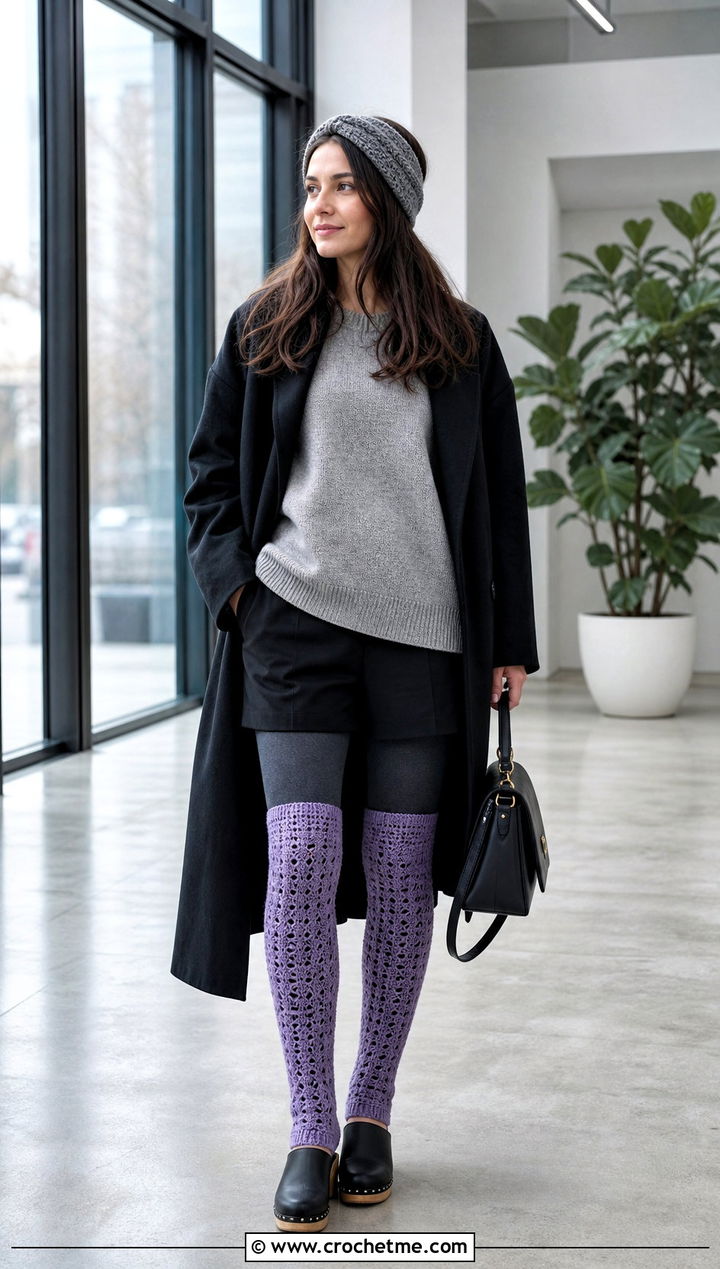 Knee High Crochet Yoga Socks With A Sweater And Shorts - 35 crochet yoga socks outfit ideas