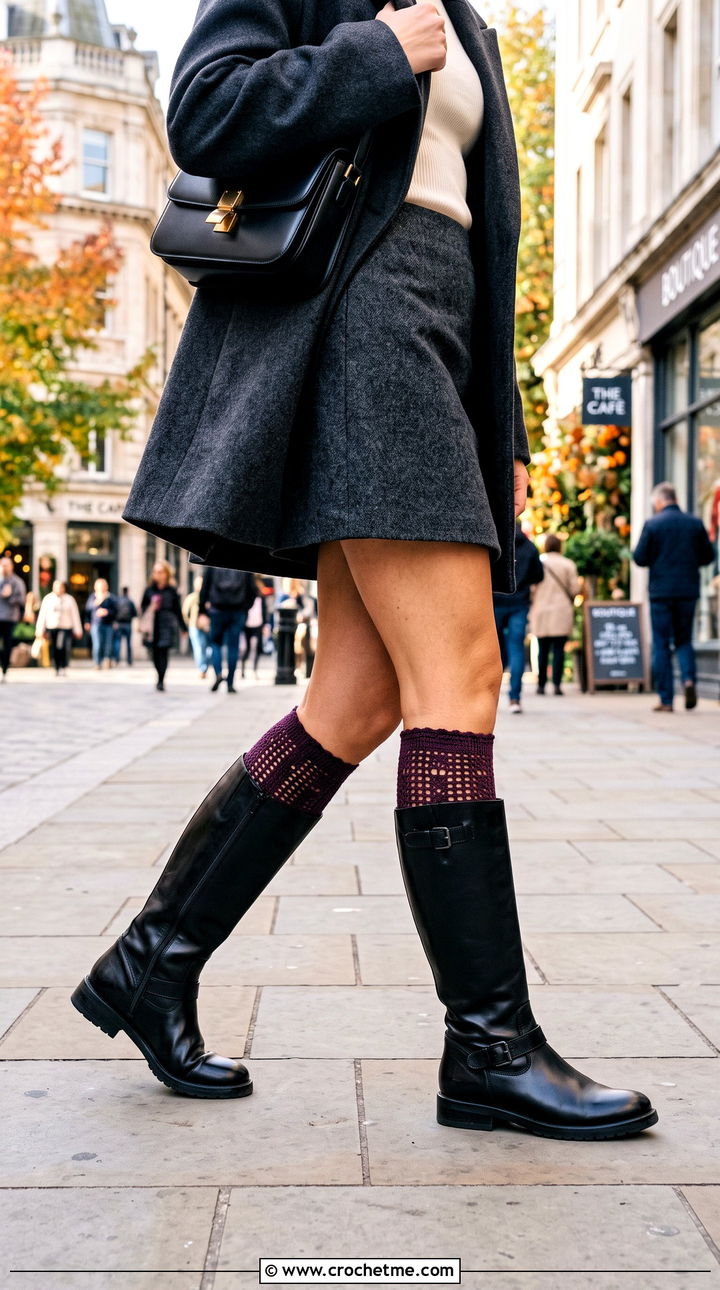 Knee High Filet Crochet Socks With Mini Skirt And Boots - 15 crochet ladies socks outfit ideas