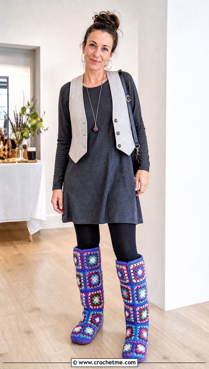 Knee High Granny Square Slipper Boots With Tunic Dress - 35 crochet slipper boots outfit ideas