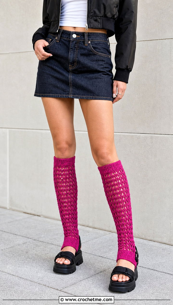 Knee High Toeless Crochet Socks With Mini Skirt - 20 Toeless Crochet Socks outfit ideas