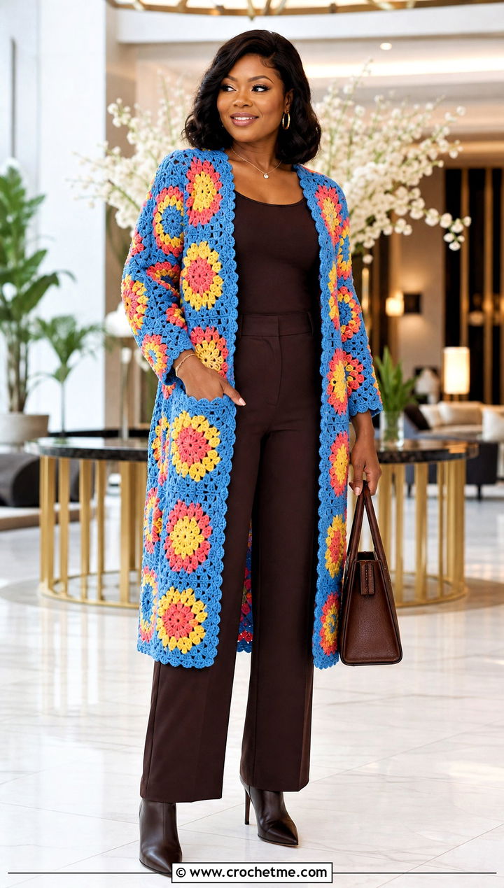 Knee Length African Flower Crochet Cardigan With Monochrome Basics - 30 african flower crochet cardigan outfit ideas