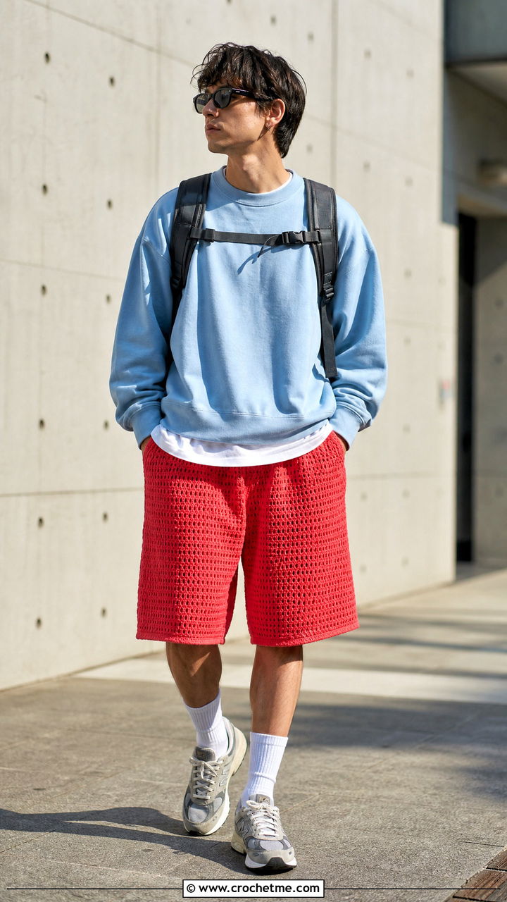 Knee Length Crochet Mens Shorts With Crewneck Sweatshirt - 35 Crochet Mens Shorts outfit ideas