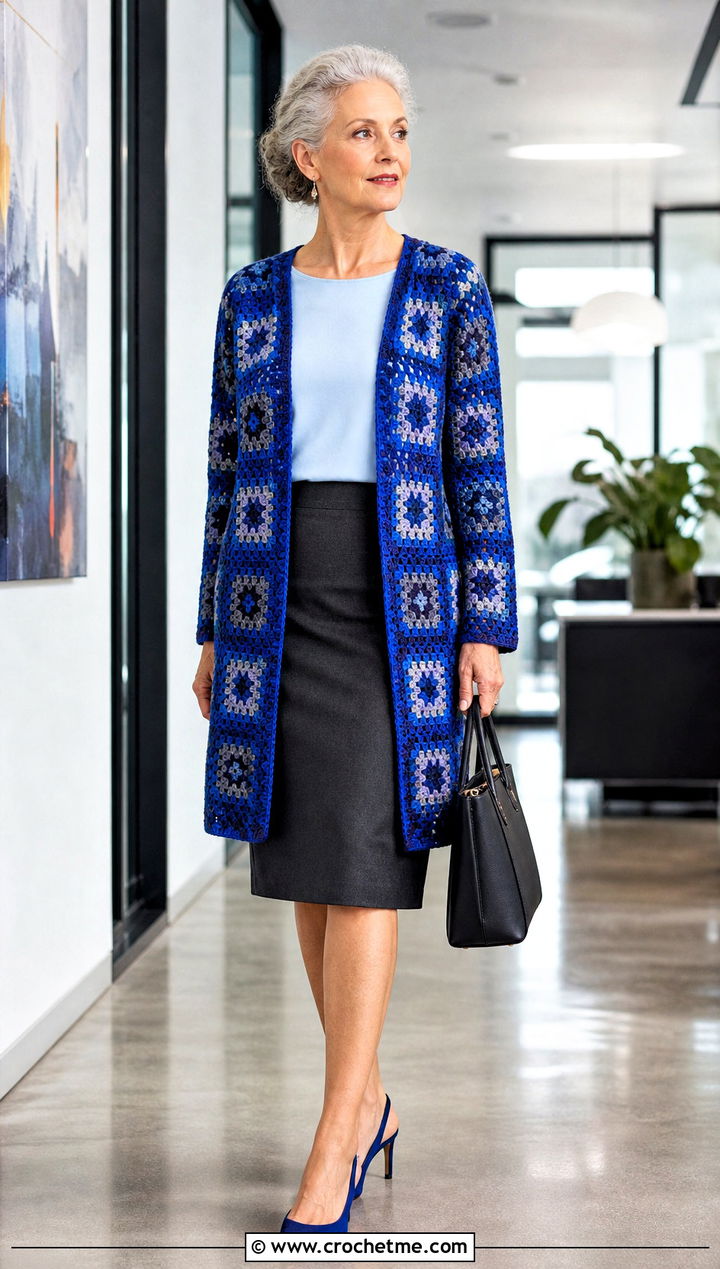 Knee Length Granny Square Duster With Pencil Skirt - 25 Crochet Granny Square Duster outfit ideas