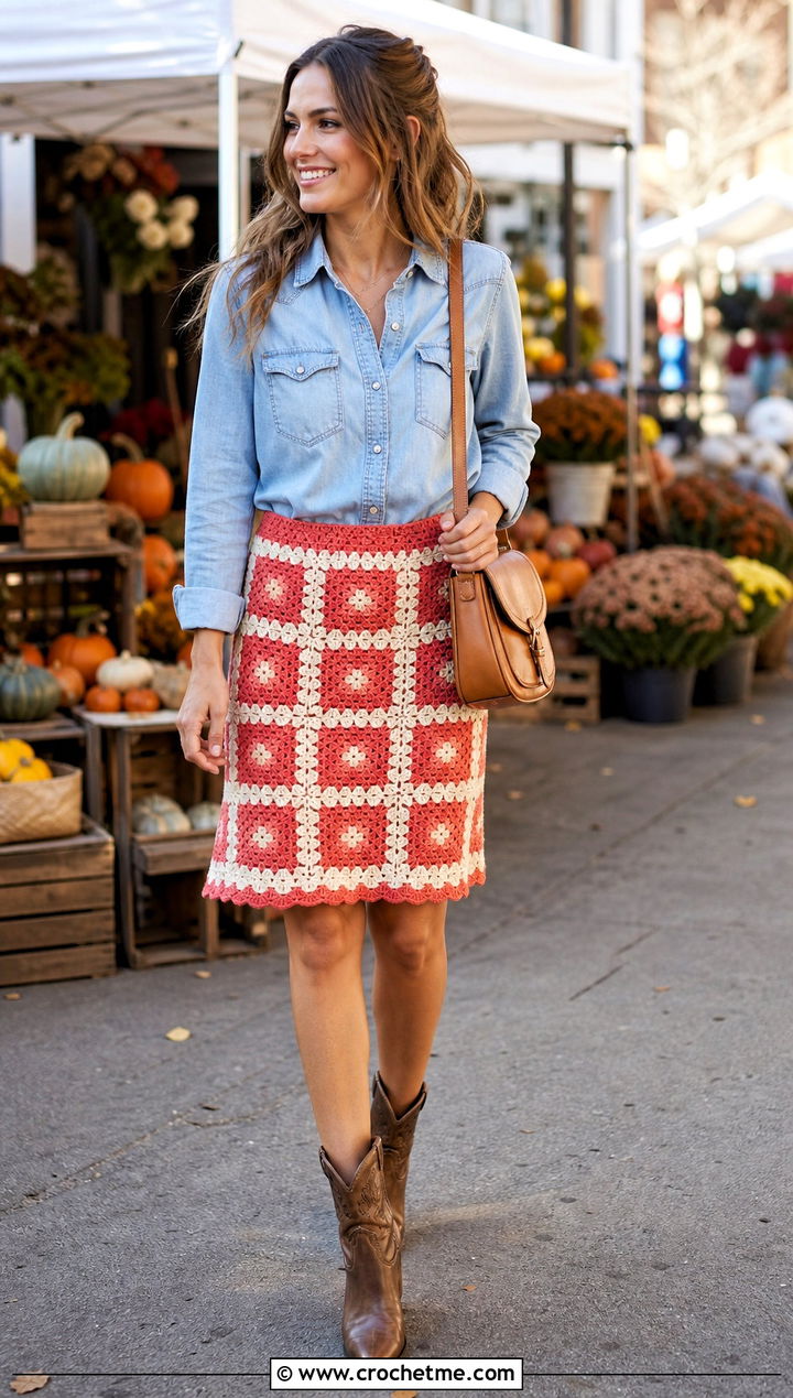 Knee Length Granny Square Skirt With Chambray Shirt - 30 granny square crochet skirt outfit ideas