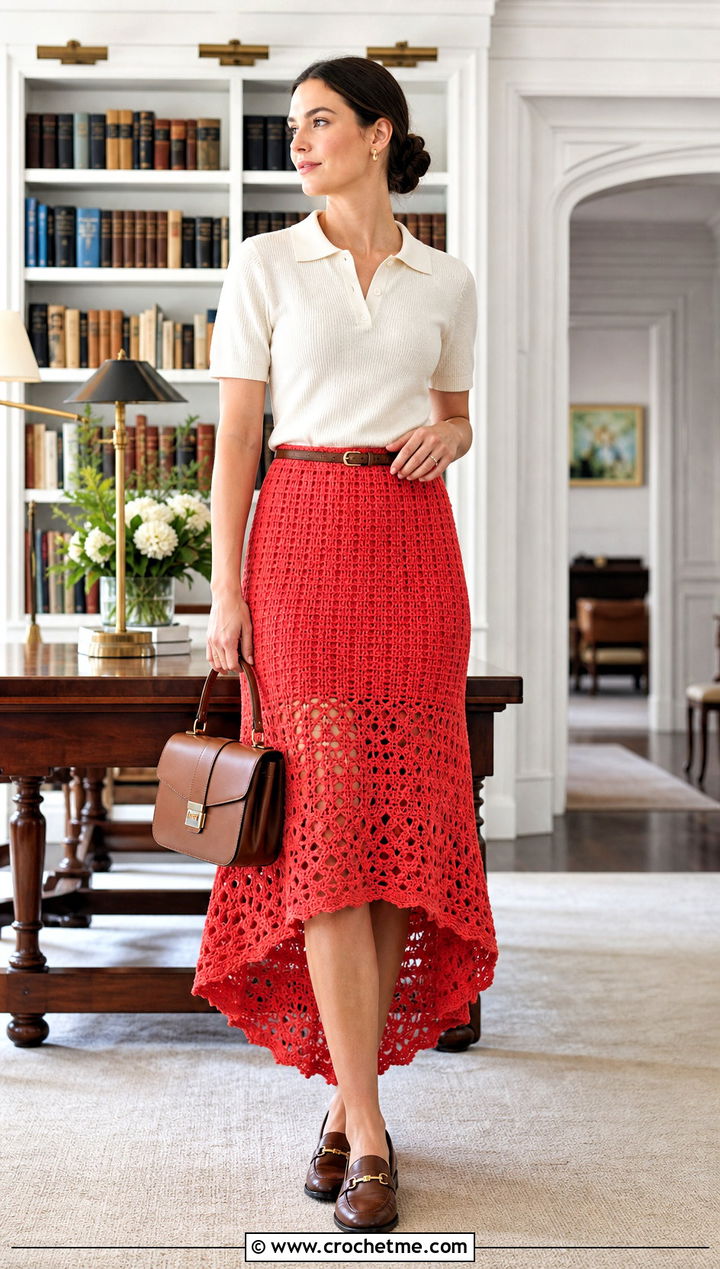 Knee To Ankle Crochet High Low Skirt With Polo Knit Top - 25 crochet high low skirt outfit ideas
