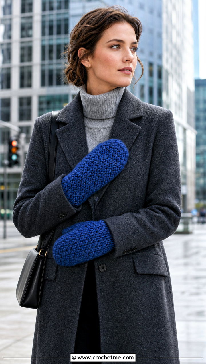 Knit Look Bulky Crochet Mittens With Wool Coat And Tailored Trousers - 15 Bulky Crochet Mittens outfit ideas