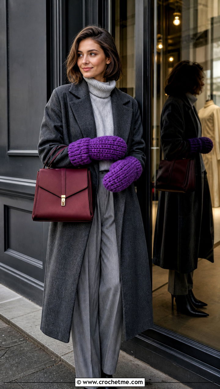 Knit Look Bulky Crochet Mittens With Wool Coat - 20 Crochet Mittens Bulky Yarn outfit ideas