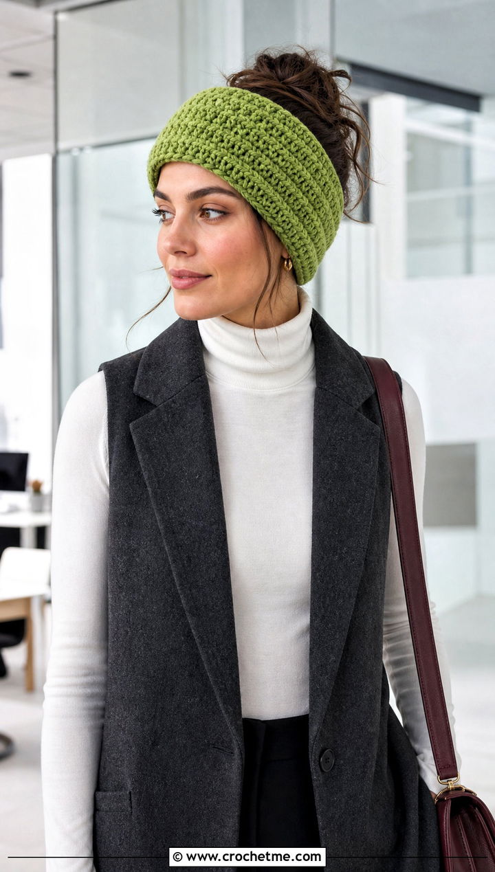 Knit Look Chunky Crochet Ear Warmer With Longline Vest - 30 chunky crochet ear warmer outfit ideas