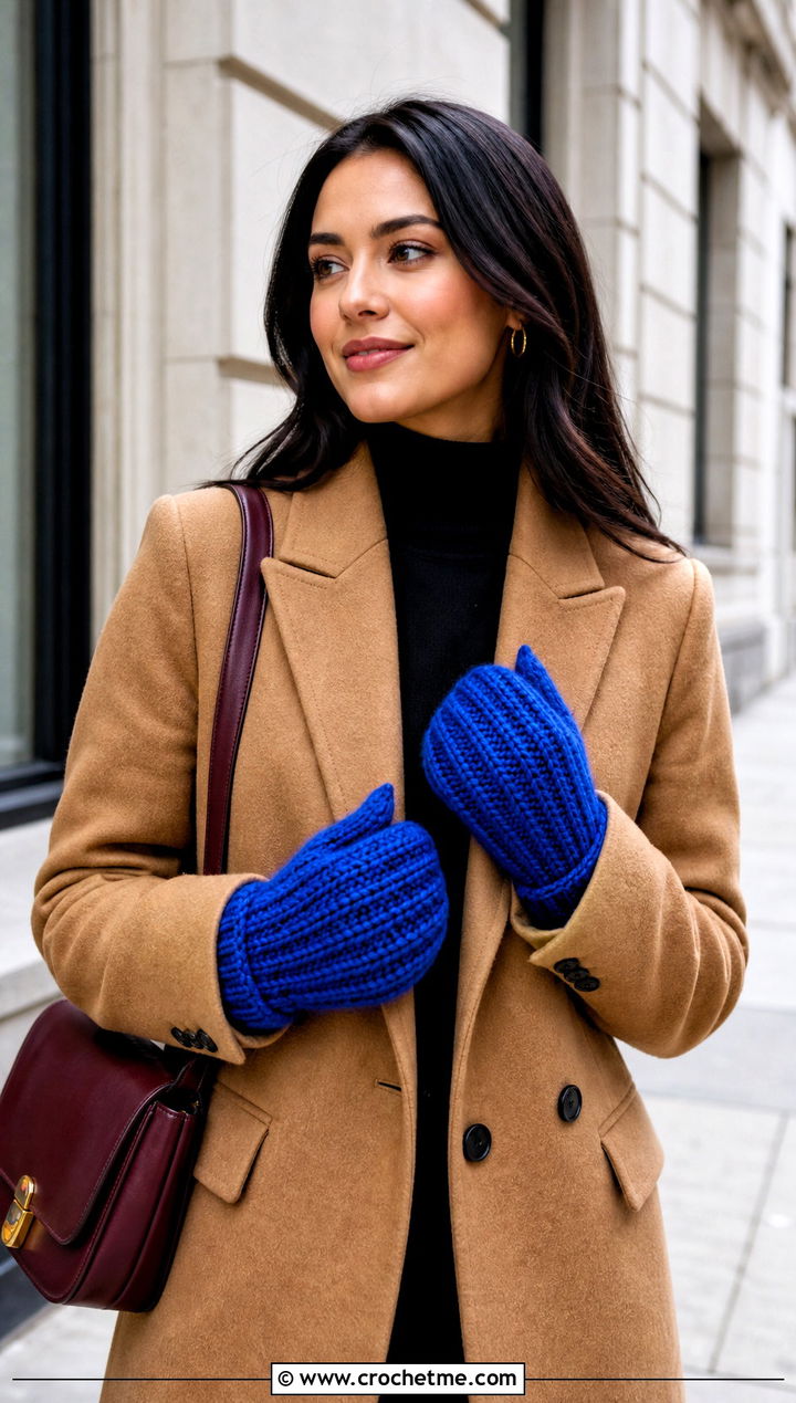 Knit Look Chunky Crochet Mittens With Wool Coat - 20 Chunky Yarn Crochet Mittens outfit ideas